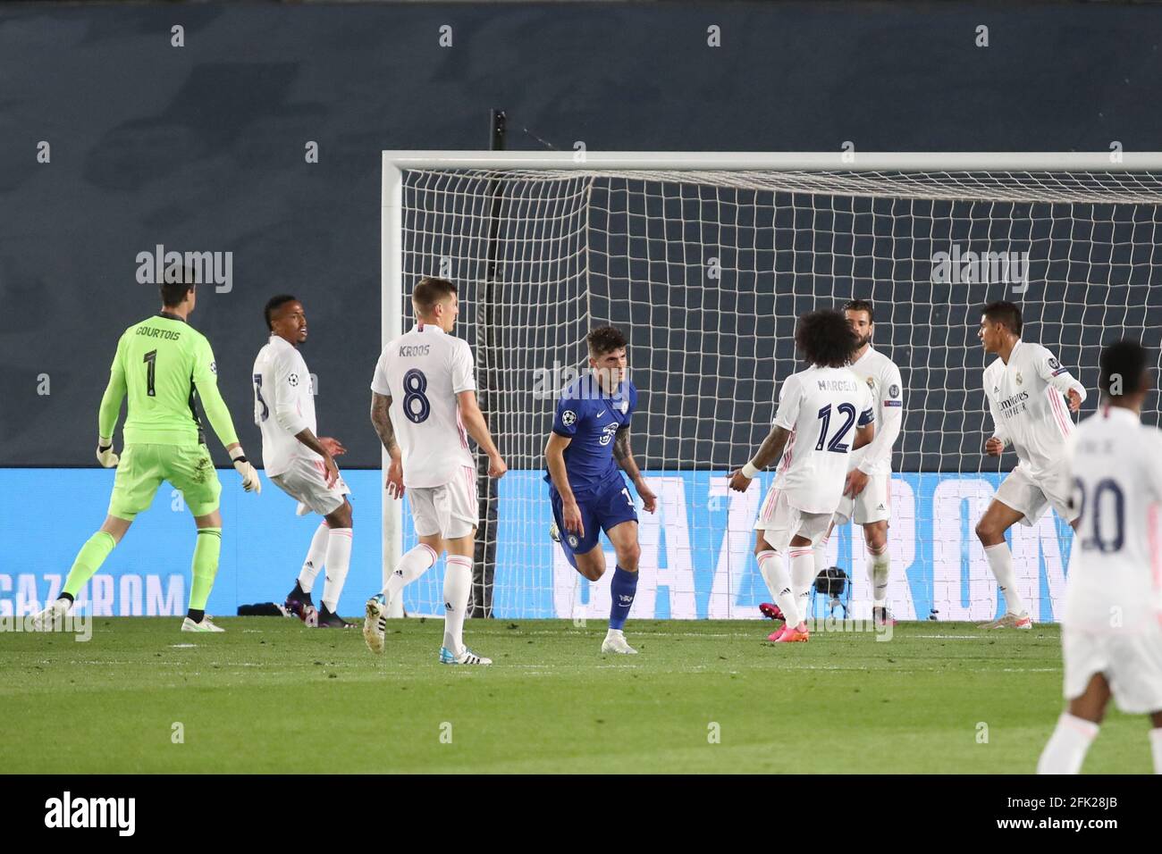 Madrid Spain 27th Apr 21 Christian Pulisic Of Chelsea Fc Scores A Goal During The Uefa Champions League Semi Final First Leg Match Between Real Madrid And Chelsea At Estadio Alfredo Di Madrid Spain 27th Apr 21 Christian Pulisic Of Chelsea Fc Scores A Goal During The Uefa Champions League Semi Final First Leg Match Between Real Madrid And Chelsea At Estadio Alfredo Di