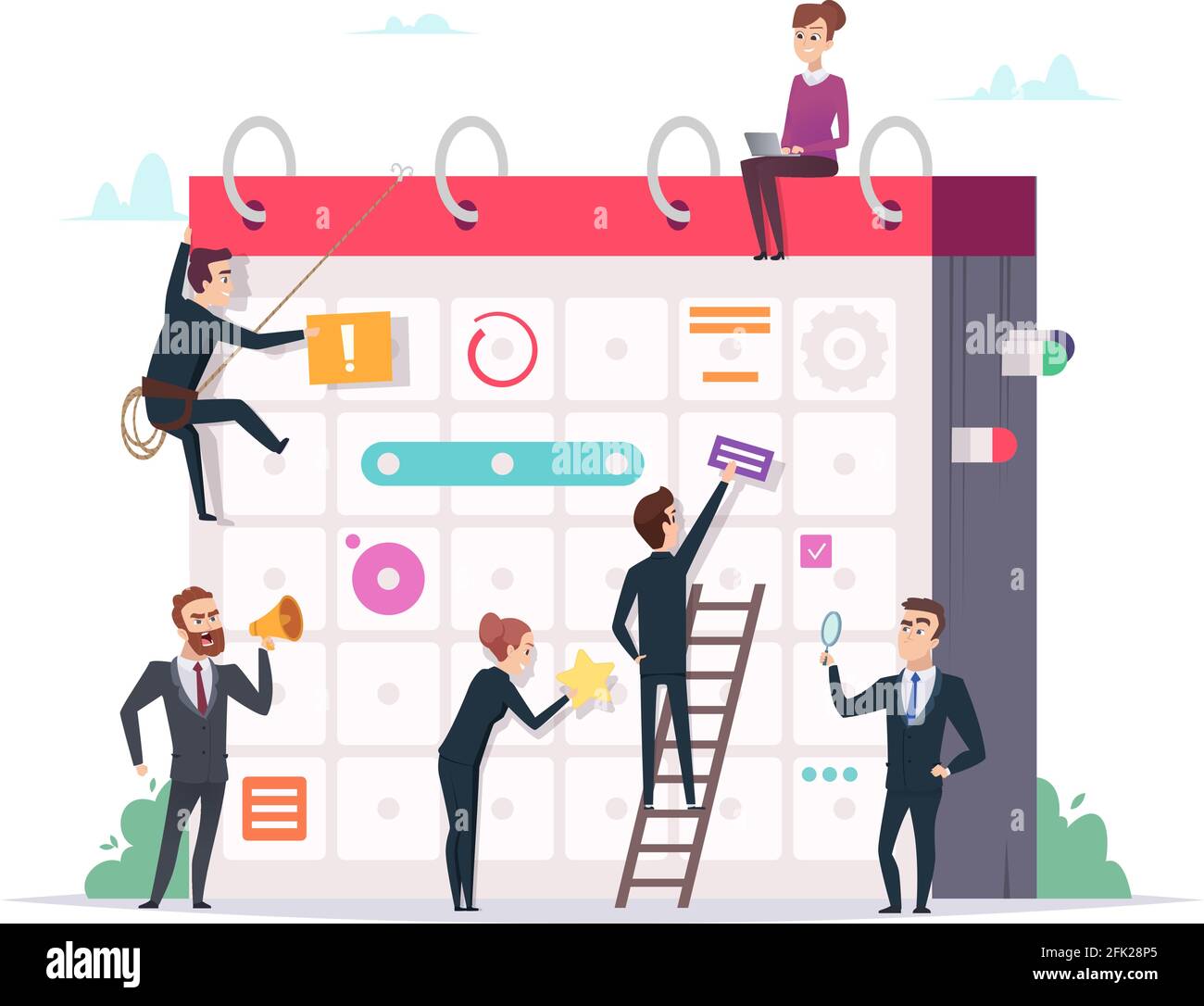 Business schedule concept. Characters managers making daily plans event organization professional management strategy tools planning Stock Vector