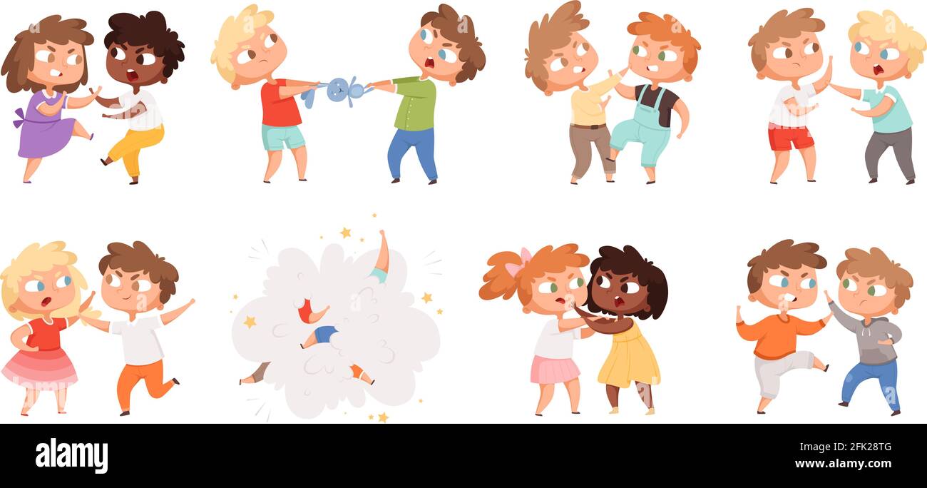 Boys fighting. School bully angry kids punishing in playground vector cartoon characters set Stock Vector