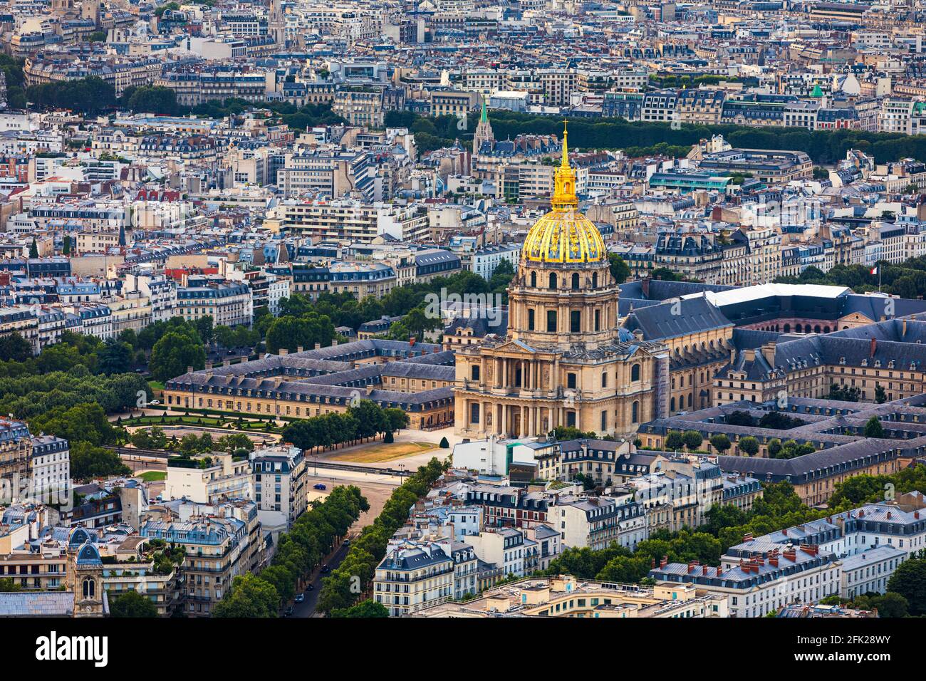Paris aerial with Les Invalides, France. Twilight aerial view of Paris, France from Montparnasse Tower with Les Invalides building. Beautiful Les Inva Stock Photo