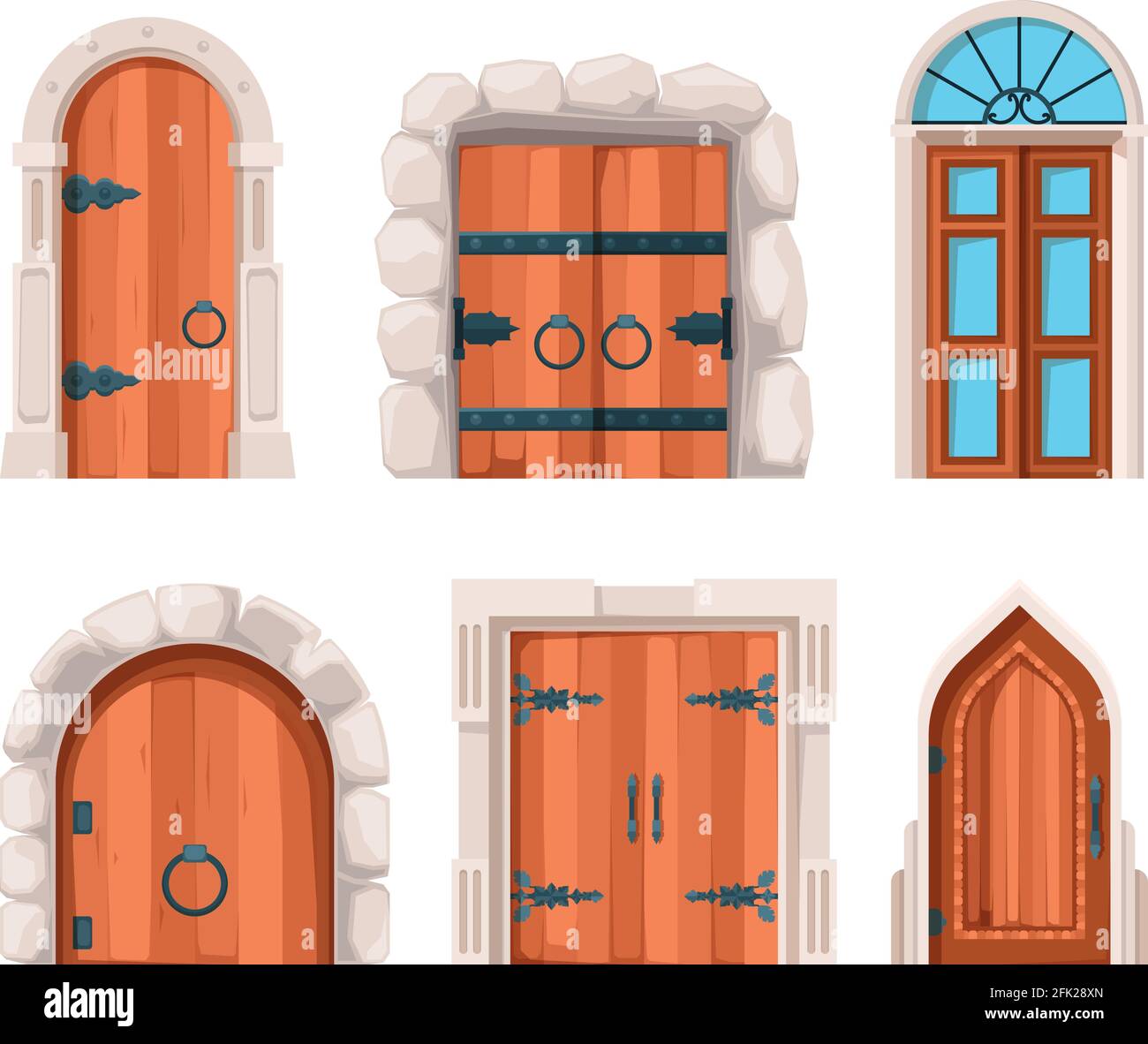 Ancient doors. Wooden stone medieval and old building doors and gates from castles vector designs Stock Vector