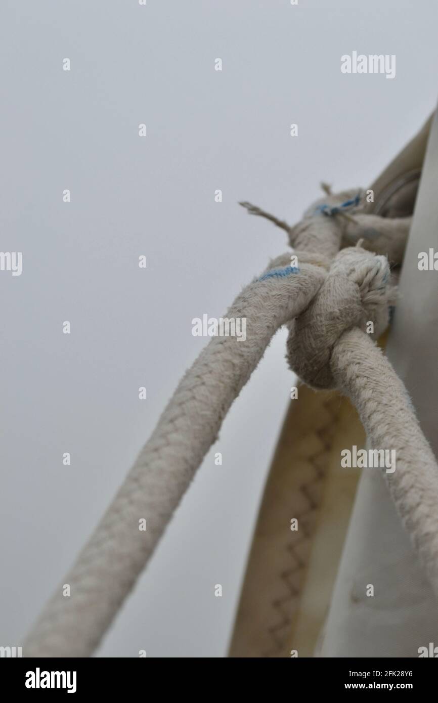 Close up of knot in an old white rope attached to a sail; macro photography of rigging Stock Photo