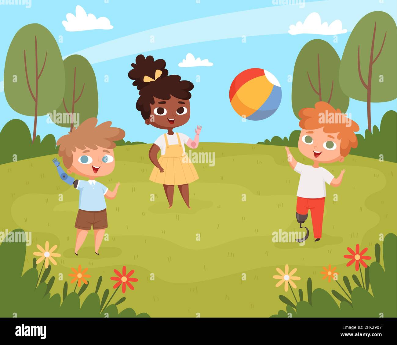 Disability kids playing. Unhealthy handicapped children walking outdoor wheelchair vector background Stock Vector