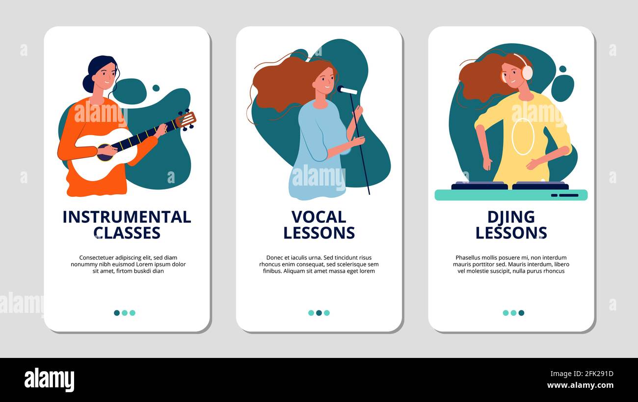 Music school web banners. Vocal, instrumental and DJ courses. Girls sing  and play guitar vector flyers Stock Vector Image & Art - Alamy