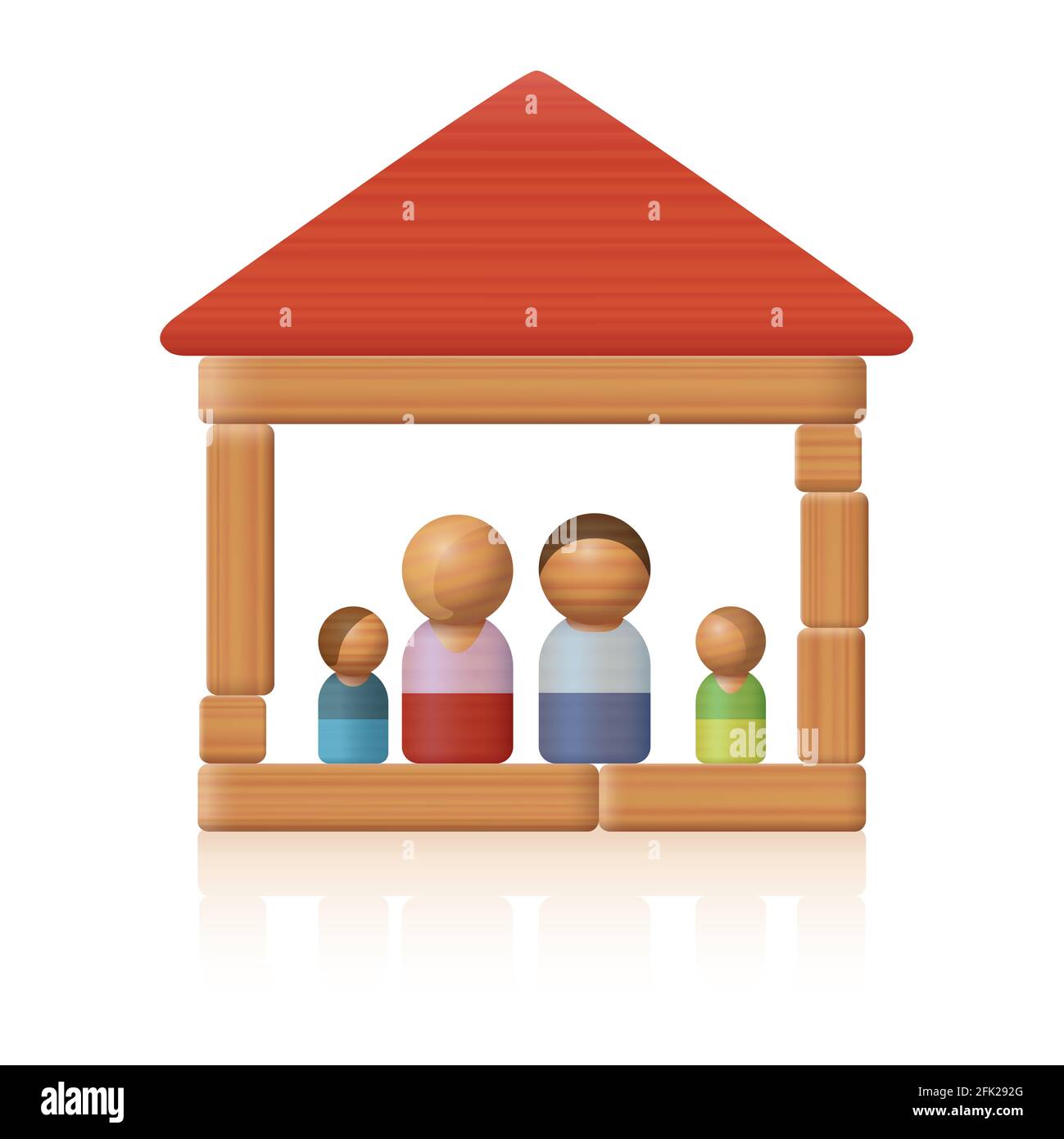 Typical toy family in their simple wooden toy block house - symbol for simplicity concerning easy living or affordable habitation. Stock Photo