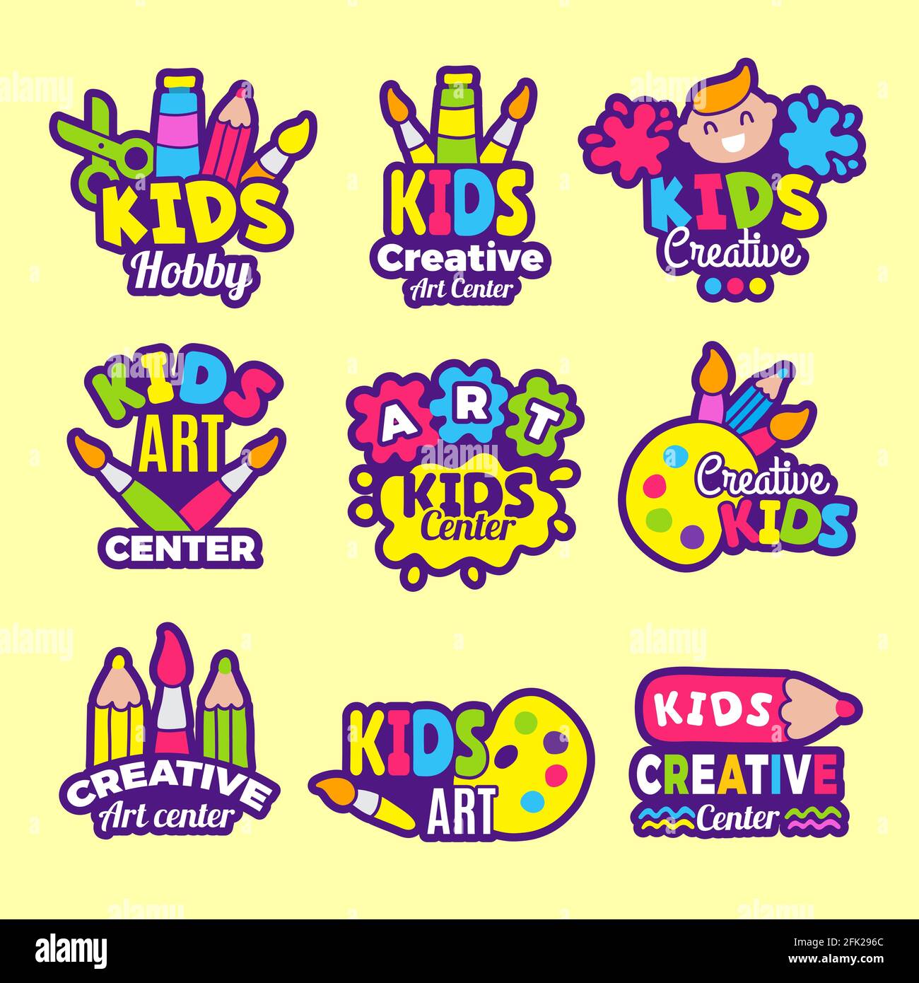 Creativity kids logo. Craft emblems or badges children paintings art class drawing vector symbols Stock Vector