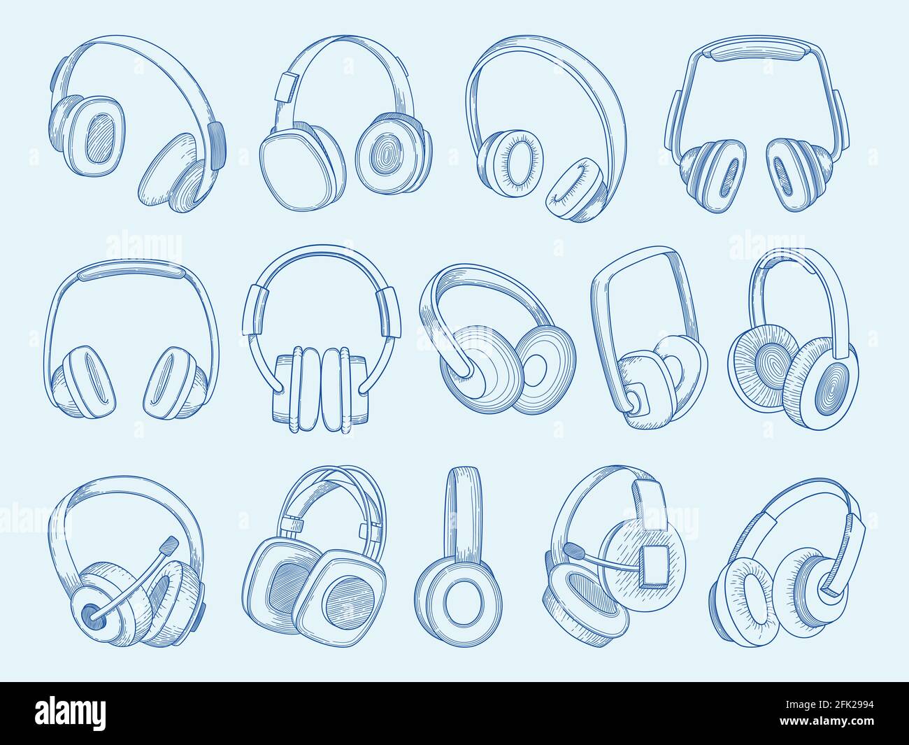 Headphones. Wireless technology communication equipment music acoustic headphones vector sketch set Stock Vector