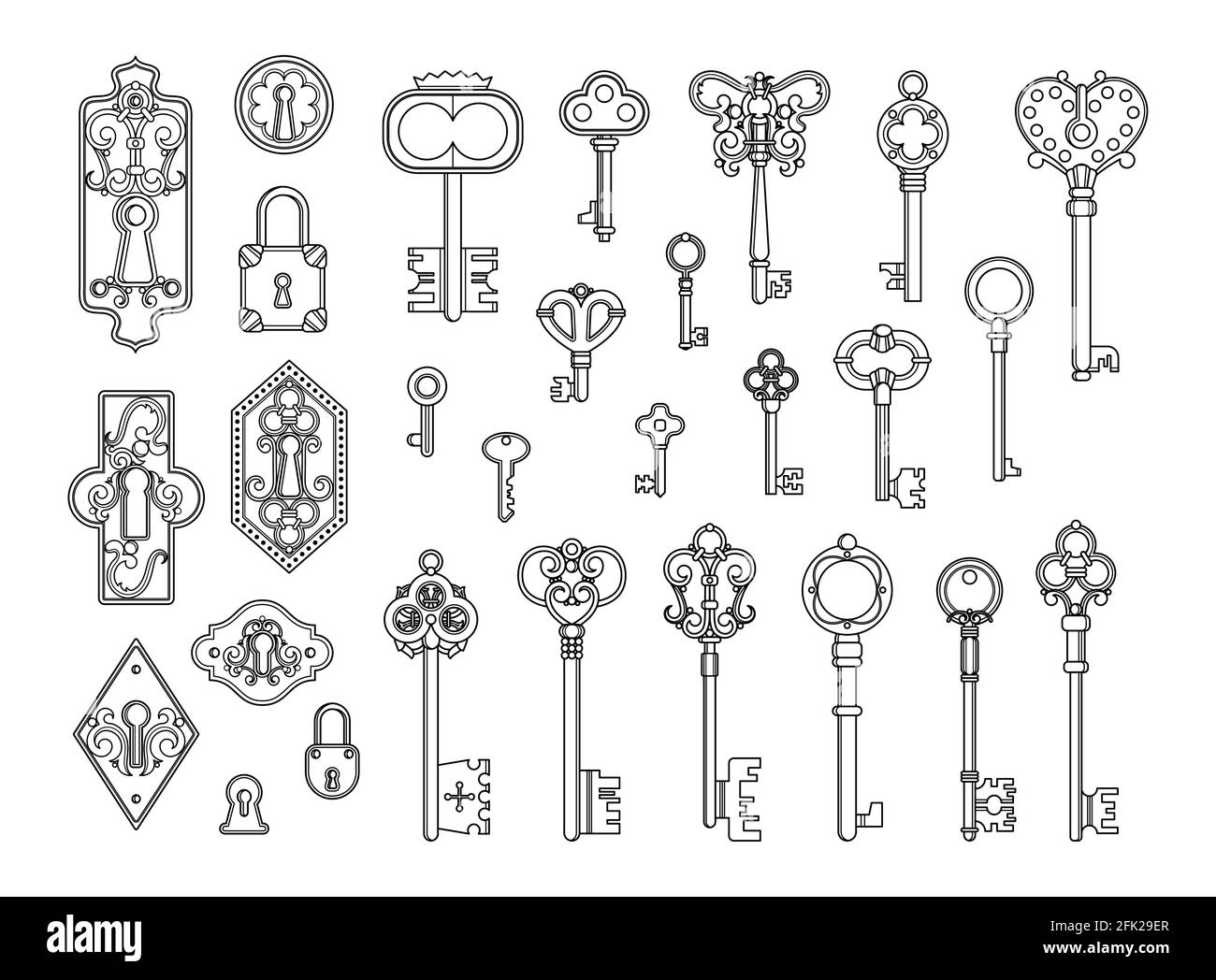 Vintage locks and keys. Sketch keyhole, victorian style padlock. Medieval or antique door hole, old decor security elements vector collection Stock Vector