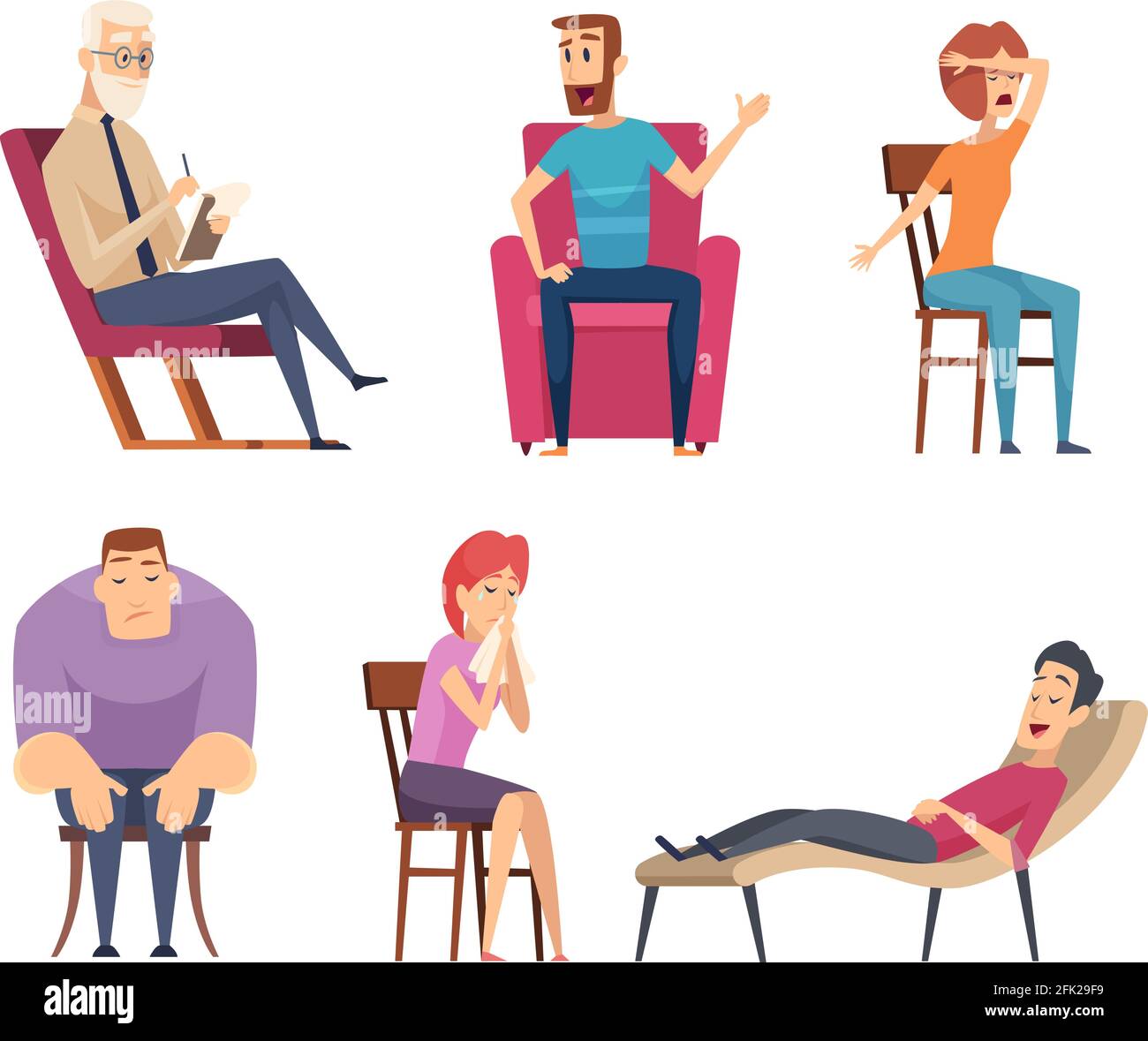 Psychology consultant. Psychotherapy helping consulting male and female persons sitting in sofa and group vector set Stock Vector