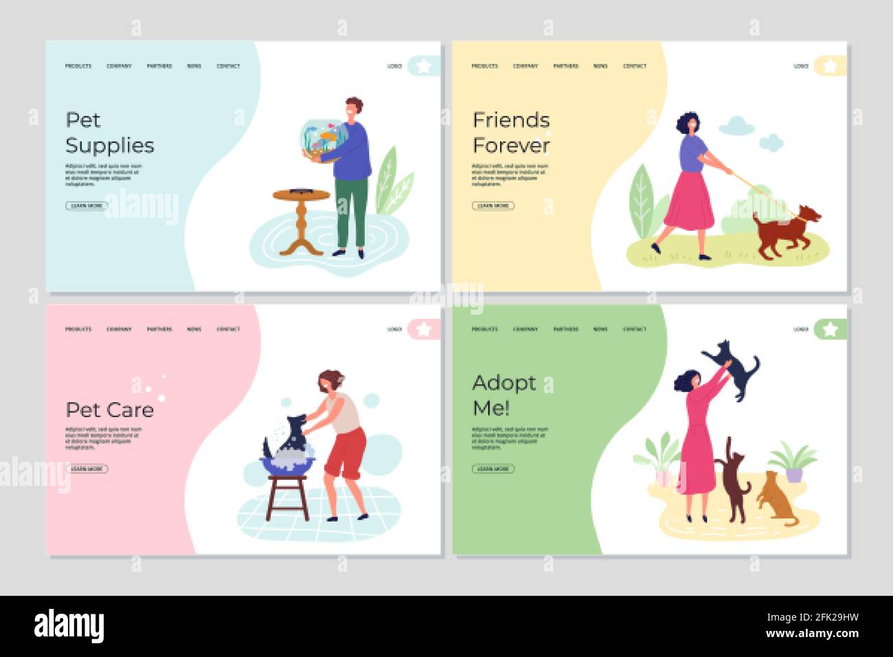 Pets landing pages. People caring about animals. Cute flat characters with cats, dogs and fish vector web banners Stock Vector