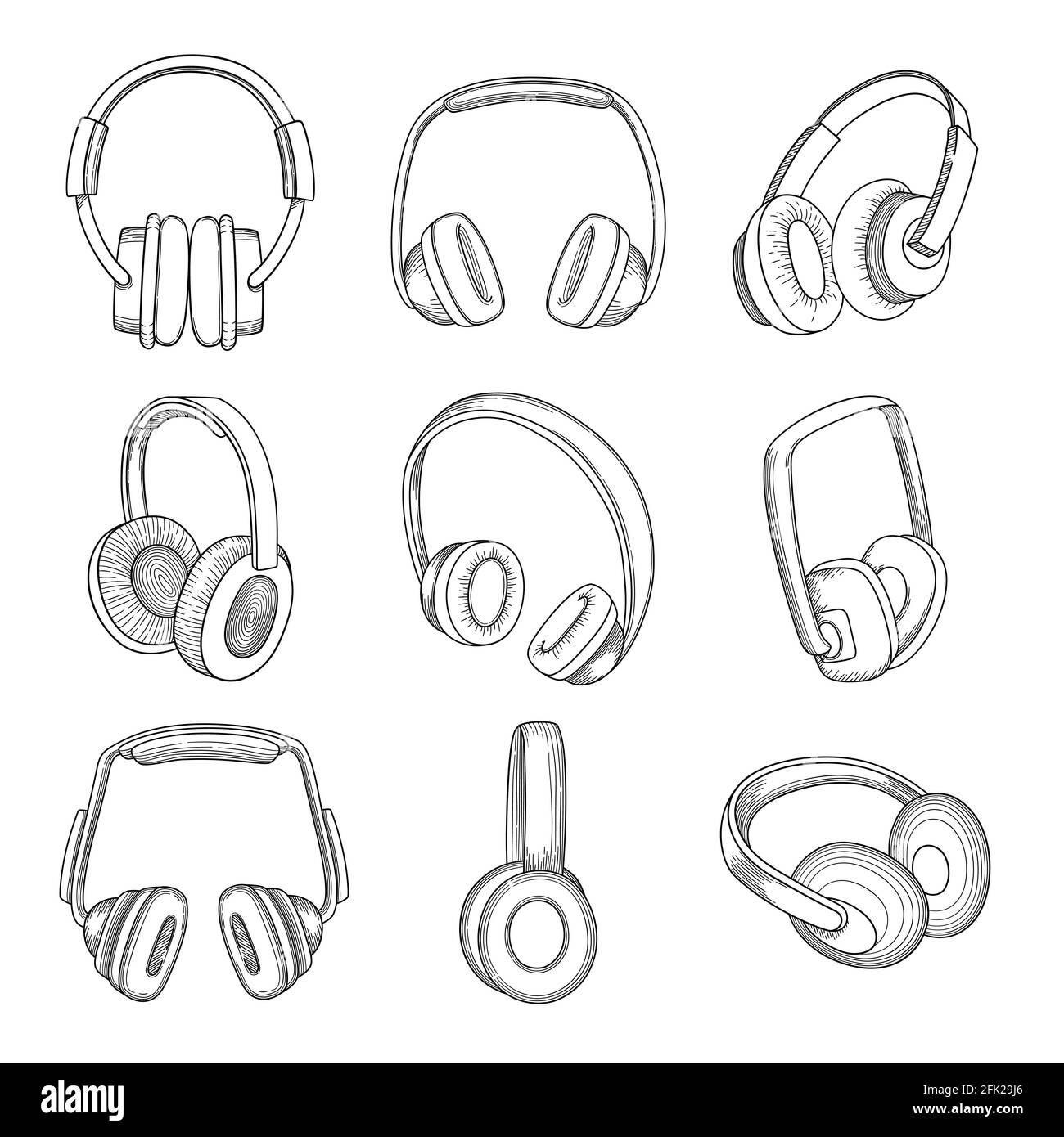 Music headphones. Electronic technology different gadgets vector sketches set Stock Vector