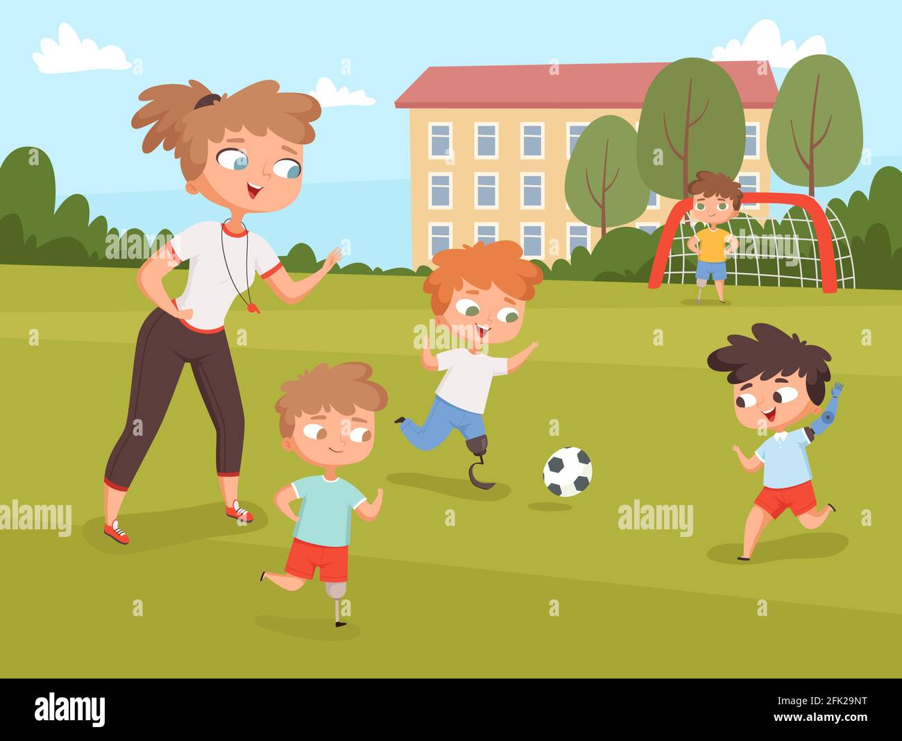 Disability kids. People playing and make sport exercises at lesson with teacher vector disability persons Stock Vector