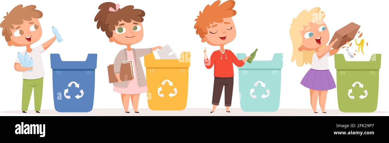 Kids recycling garbage. Saving nature ecology safe environment protection healthy recycling processes vector cartoon characters Stock Vector