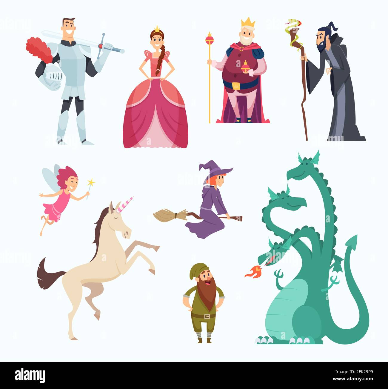 Fairy tales heroes. Witch wizard princess dragon funny characters in cartoon style vector set Stock Vector