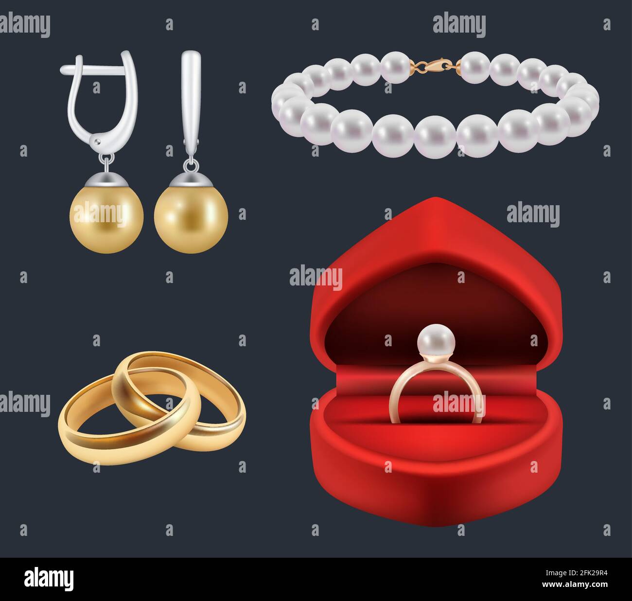 Wedding rings. Gold trappings in decoration red packs glossy jewelry vector realistic set Stock Vector