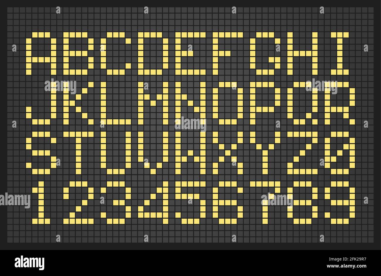 Digital letters. Cyber clock font template for display boards vector numbers and letters Stock