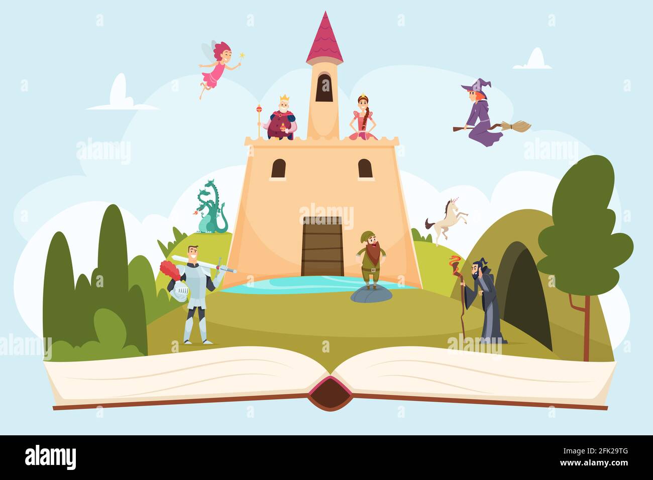 Open fairy tale book. Fantasy background with funny mascot princess knight wizard witch vector cartoon landscape on pages Stock Vector