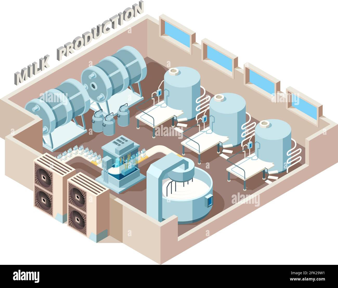 Dairy food factory. Automation industrial milk production bottling equip lines vector isometric factory interior Stock Vector