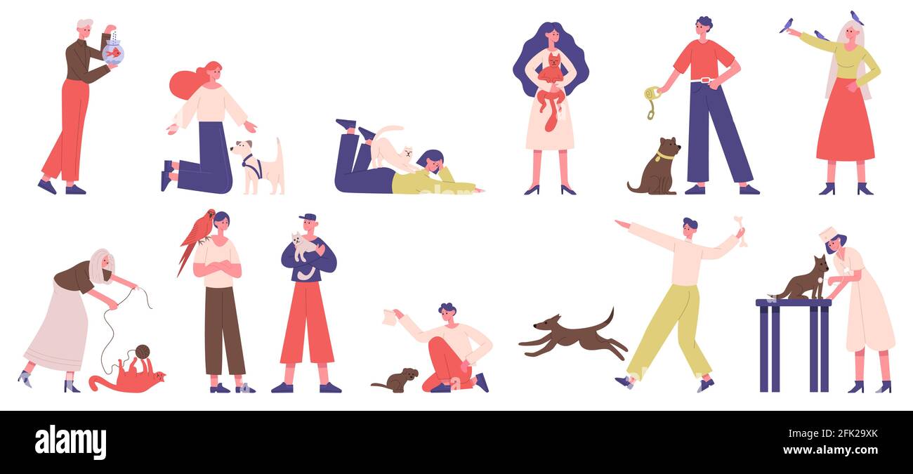 People with pets. Pet owners playing, walking and hugging with dogs, cats and birds vector illustration set. Domestic animals owners Stock Vector