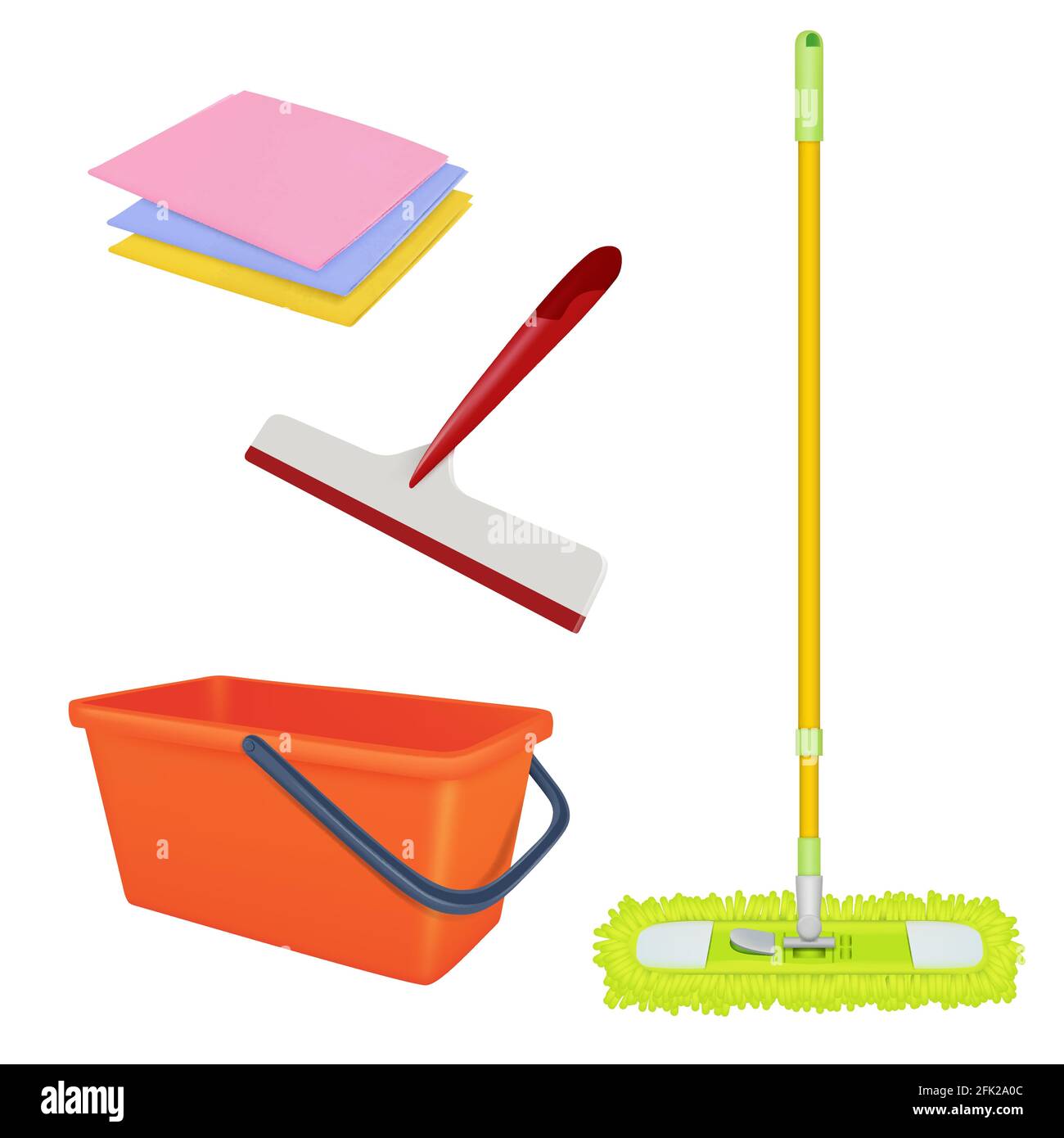 Cleaning service equipment. Bucket brush floor broom washing tools vector realistic set Stock Vector