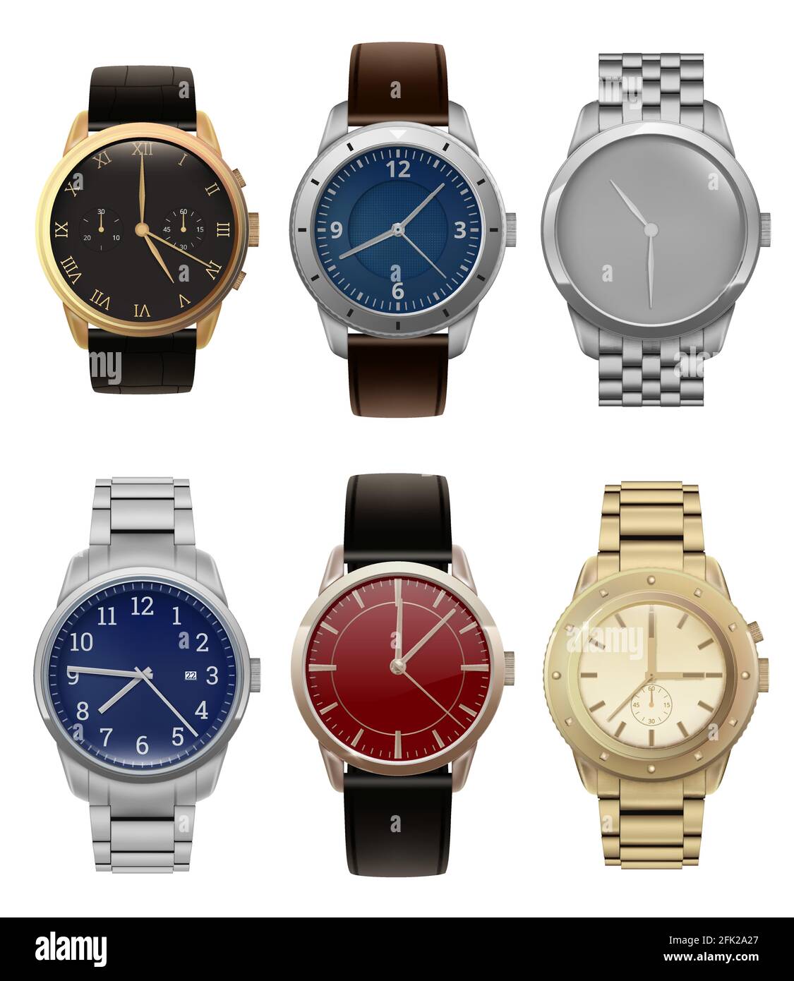 Wristwatches. Realistic luxury silver and golden men watches with modern steel bracelets fashion vector collection Stock Vector