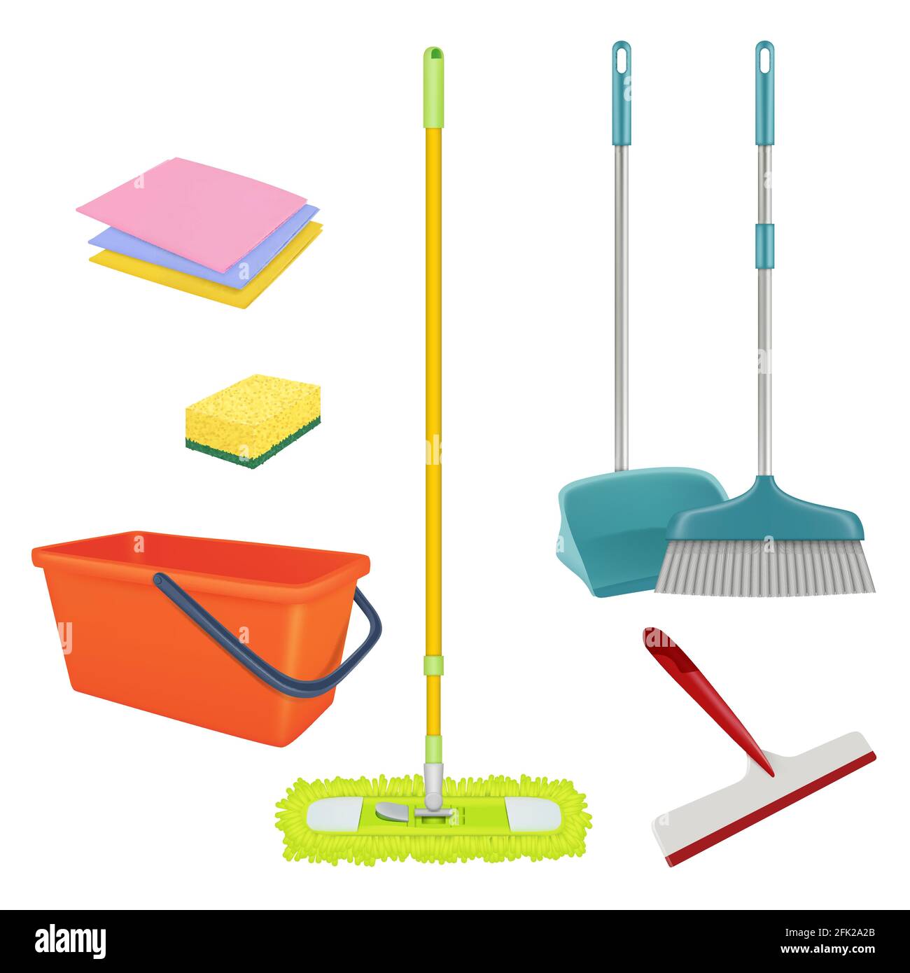 Cleaning service. Realistic equipment for laundry home floor brush bucket broom sterile bathroom cleaner vector set Stock Vector