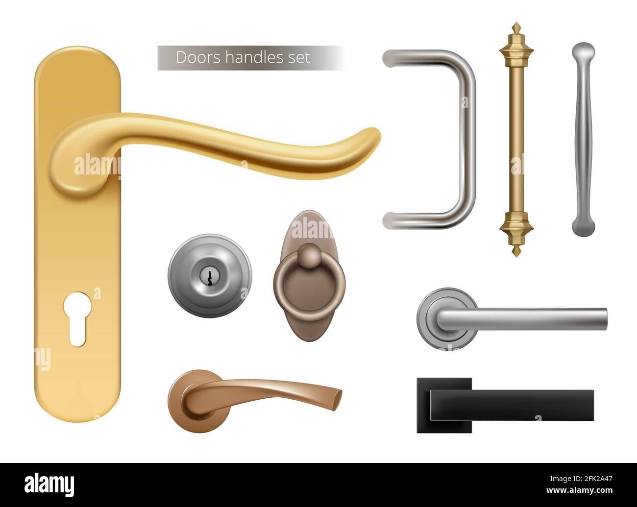 Modern door handles. Silver and golden metal furniture handles for opened room doors interior elements vector realistic Stock Vector