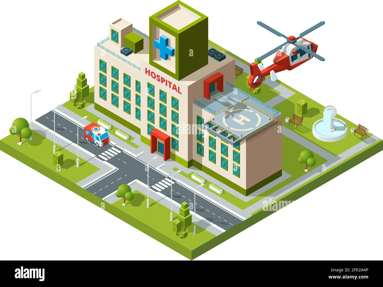 Ambulance building. Emergency transport helicopter on hospital roof helipad vector healthcare isometric Stock Vector