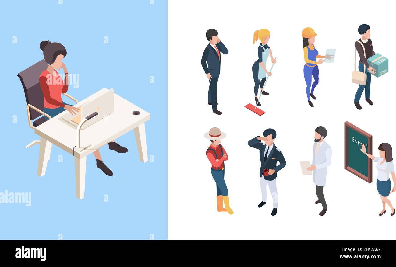 Isometric professions. 3d people service workers business persons male female vector illustrations Stock Vector