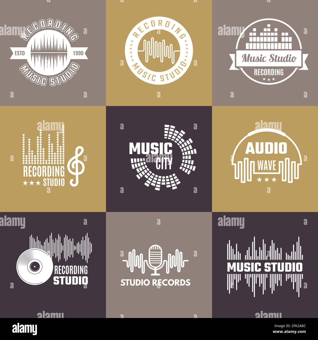 Musical logo. Audio studio badges sound waves shapes vector template set Stock Vector