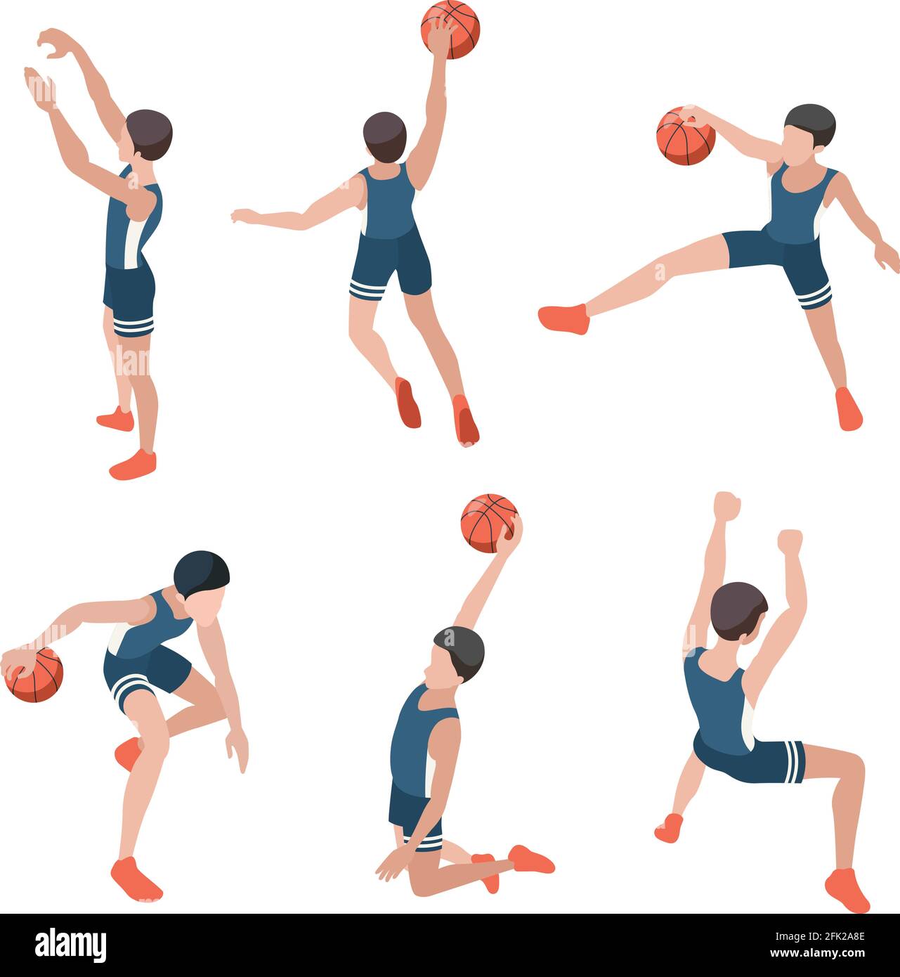 Basketball players. Sport athletes playing in active games with ball healthy lifestyle vector isometric people Stock Vector