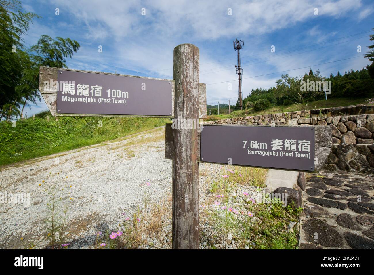 Signpost sign with directions and distance for Magome to Tsumago. Nakasendo trail Mountain valley landscape. Japanese Kiso Valley path hike, Japan. Stock Photo