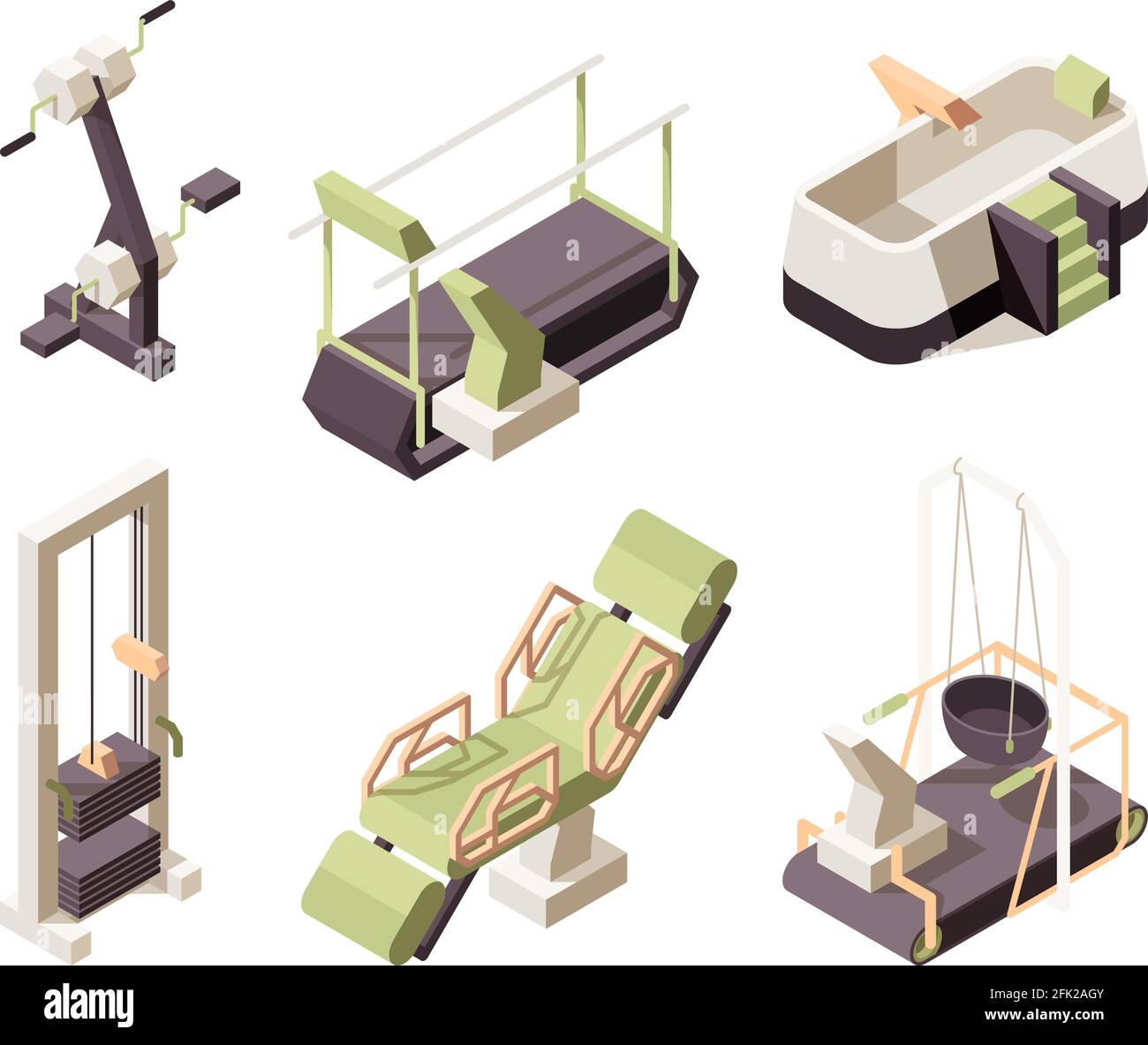 Rehabilitation center. Training equipment for disabled people medical healthy clinic assistant exercise people professional treatment vector isometric Stock Vector