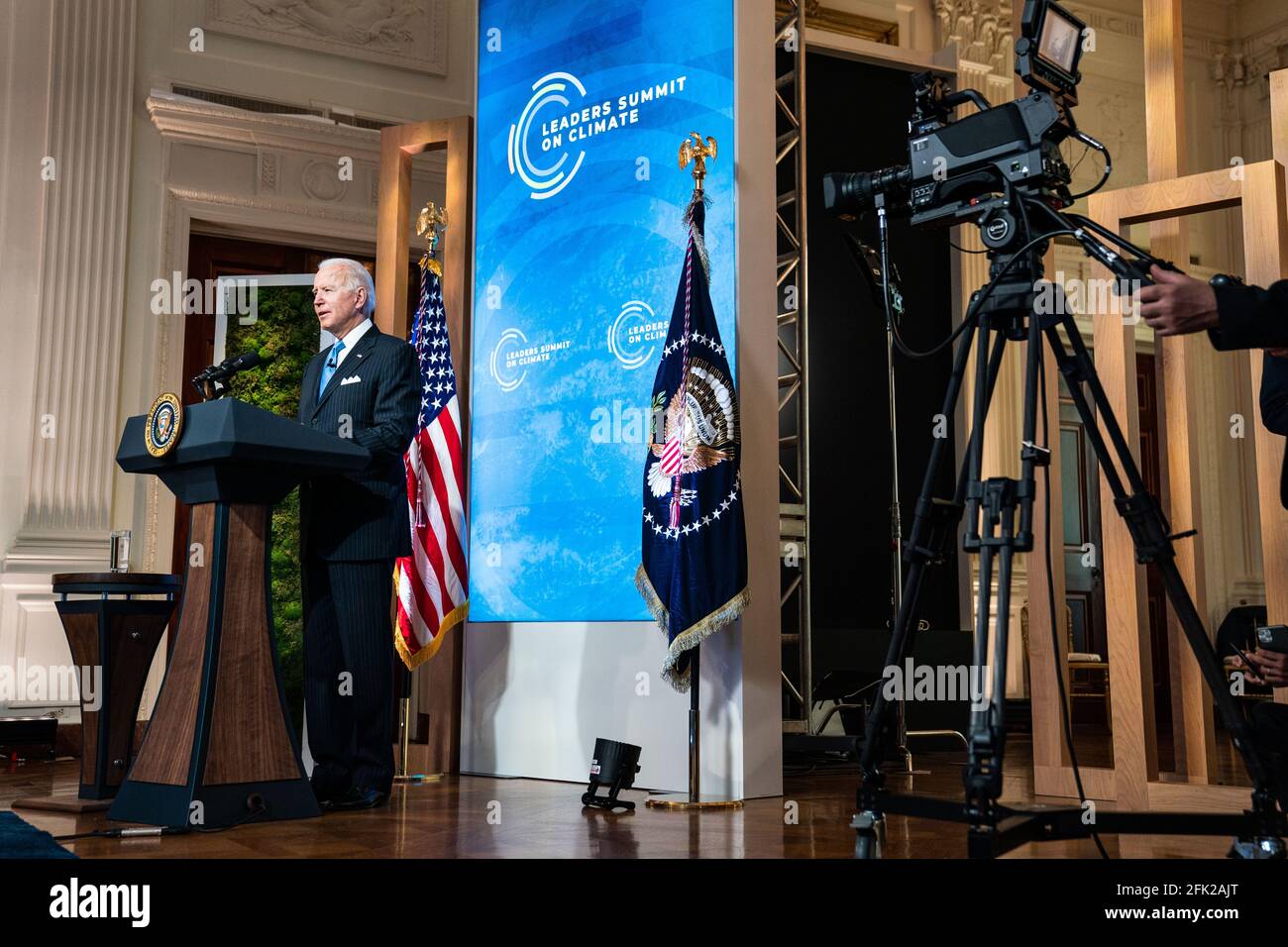 Washington, United States Of America. 23rd Apr, 2021. United States  President Joe Biden delivers remarks during “Session 5: The Economic  Opportunities of Climate Action” of the virtual Leaders Summit on Climate,  in