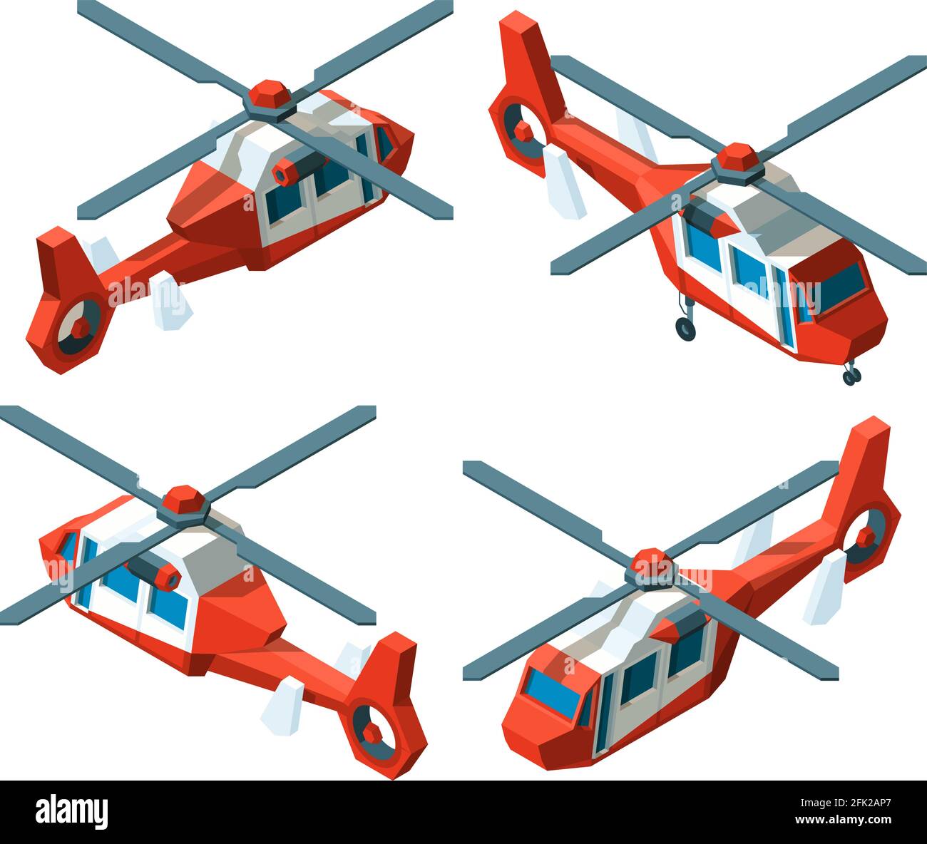 Helicopter isometric. Low poly avia transport different point views vector collection Stock Vector