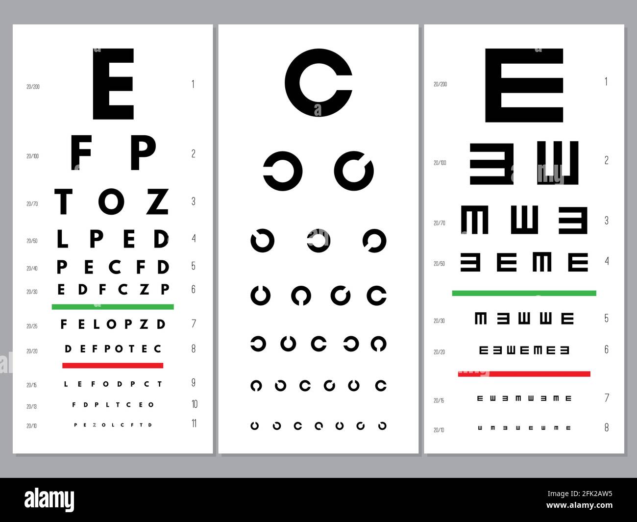 Eyes charts. Ophthalmology vision test alphabet and letters optical alphabet letters vector set Stock Vector