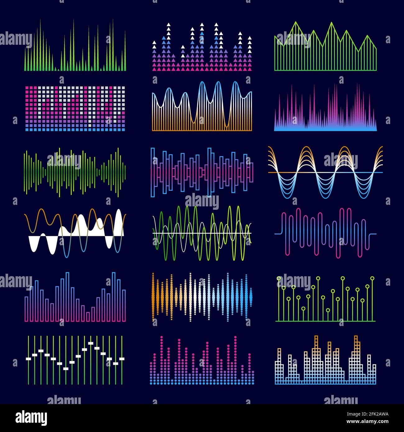 Sound waves. Music symbols equalizer shapes signal voicepulse vector templates Stock Vector