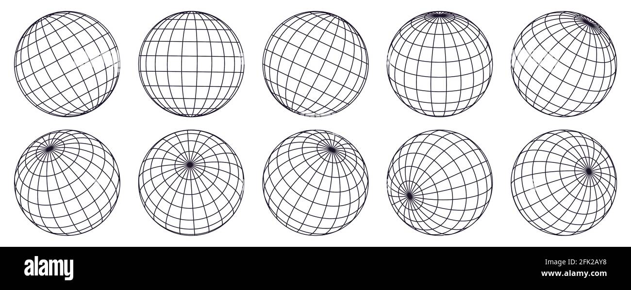 Globe grid spheres. Striped 3D spheres, geometry globe grid, earth latitude and longitude line grid vector symbols set. Spherical grid globe shapes Stock Vector