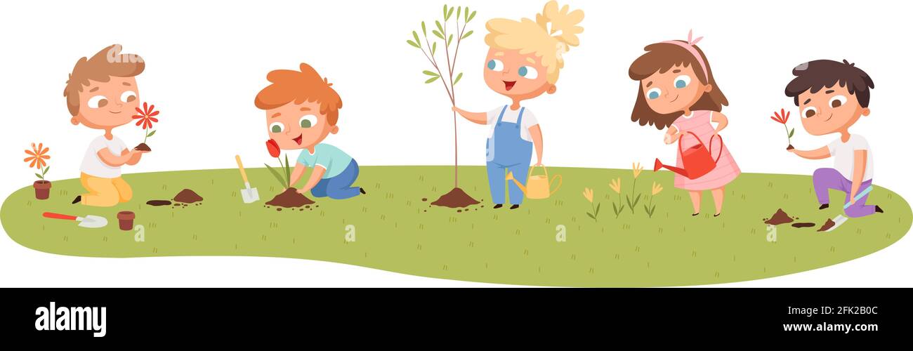 Children planting. Eco green protection kids gardening natural plants trees vector cartoon set Stock Vector