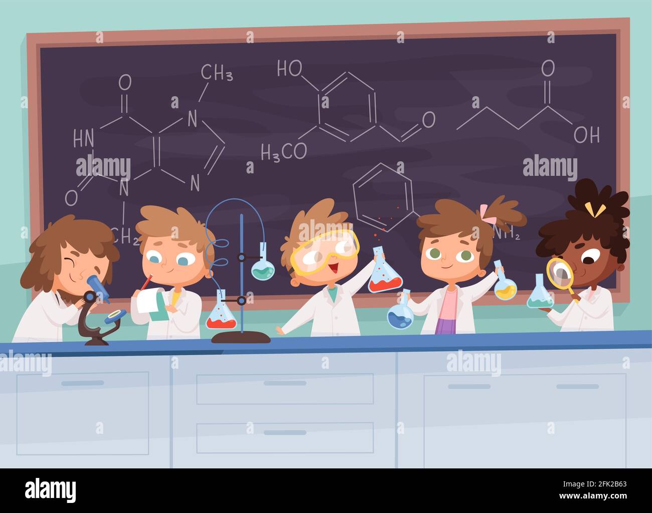Chemistry lab. Science boy and girls teenager learning research processes  vector characters cartoon background Stock Vector Image & Art - Alamy