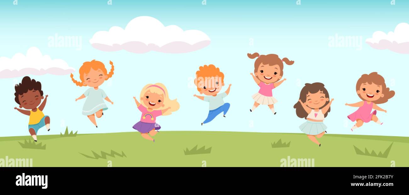 Happy jumping kids. Funny children playing and jumping on meadow. Little people vector background Stock Vector