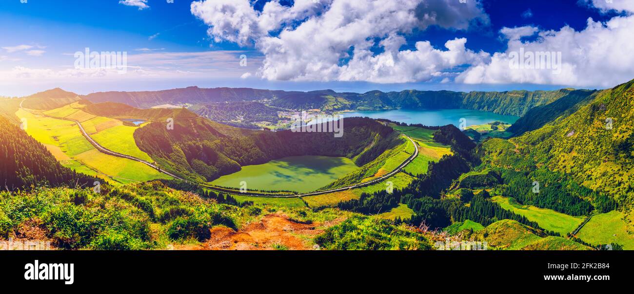 View of Sete Cidades near Miradouro da Grota do Inferno viewpoint, Sao Miguel Island, Azores View of Sete Cidades near Miradouro da Grota do Inferno viewpoint, Sao Miguel Island, Azores