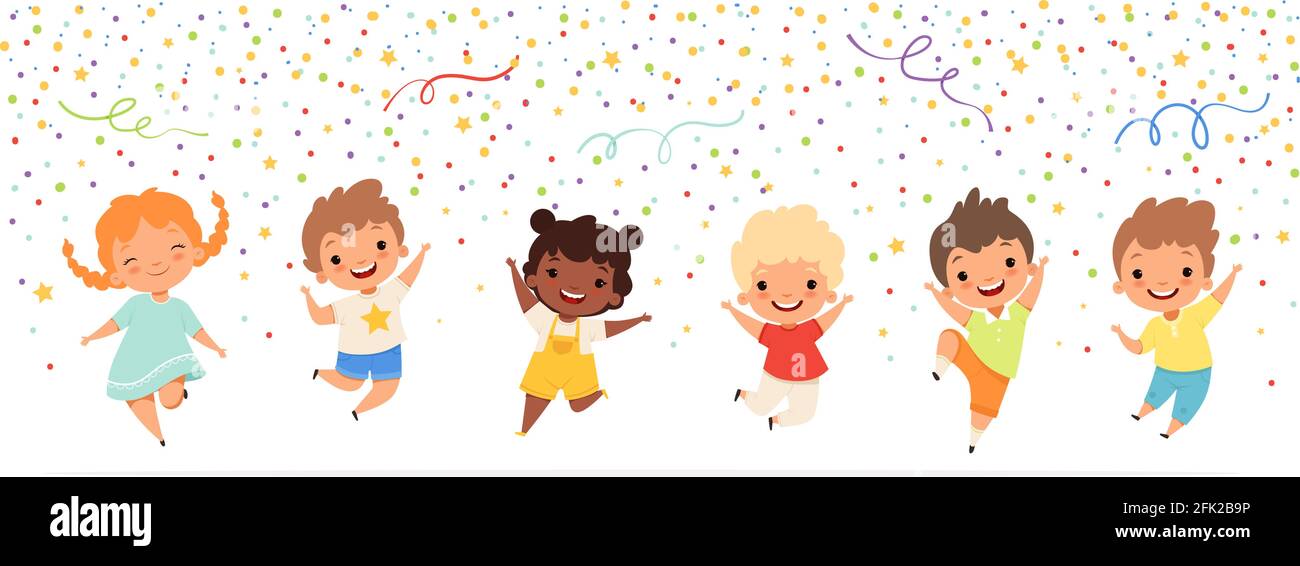 Kids anniversary. Happy childrens jumping in confetti stars celebration fun party time vector teenagers characters Stock Vector