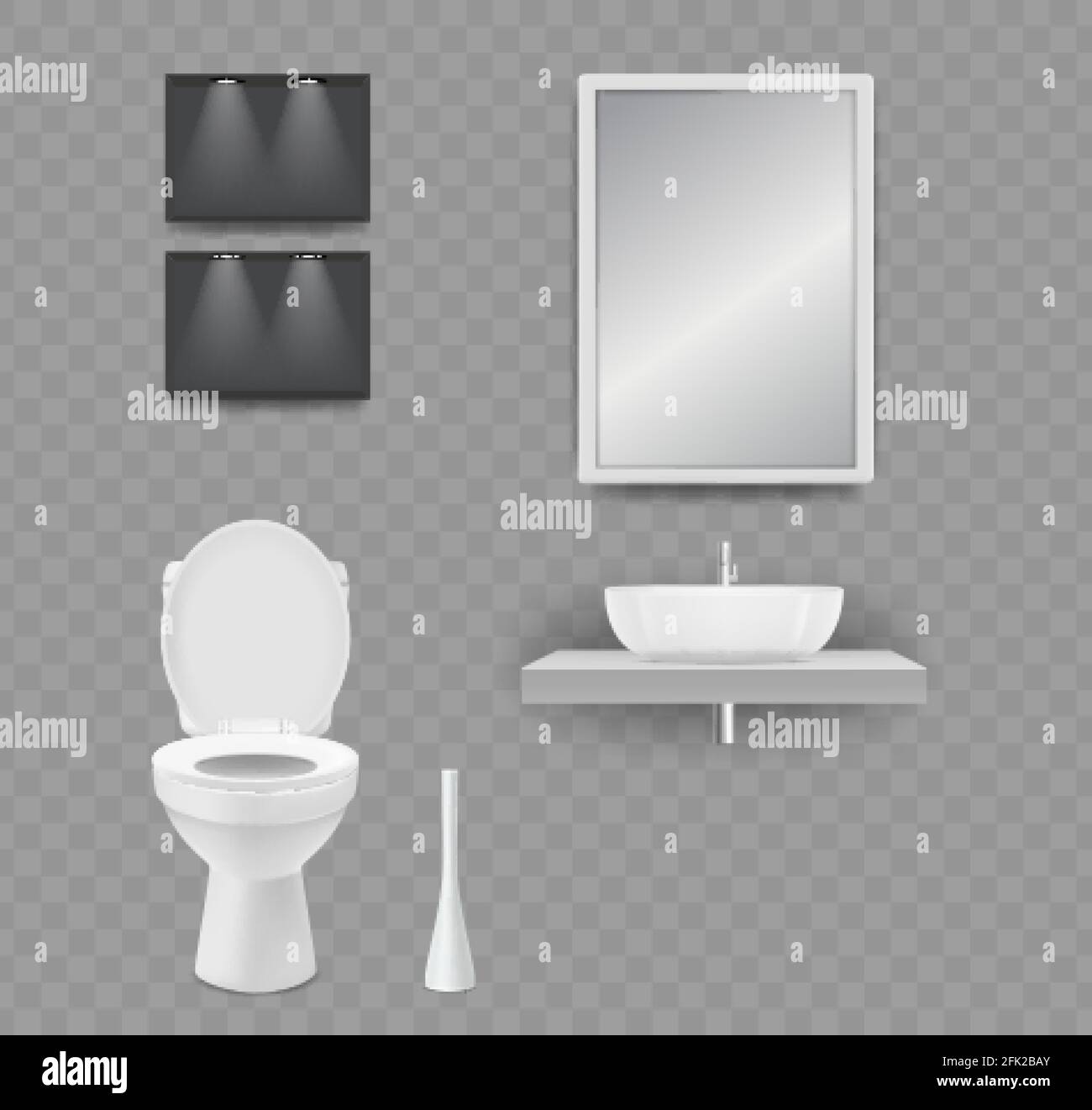 WC room. Realistic toilet, sink and mirror isolated on transparent background. Vector elements restroom and bathroom Stock Vector
