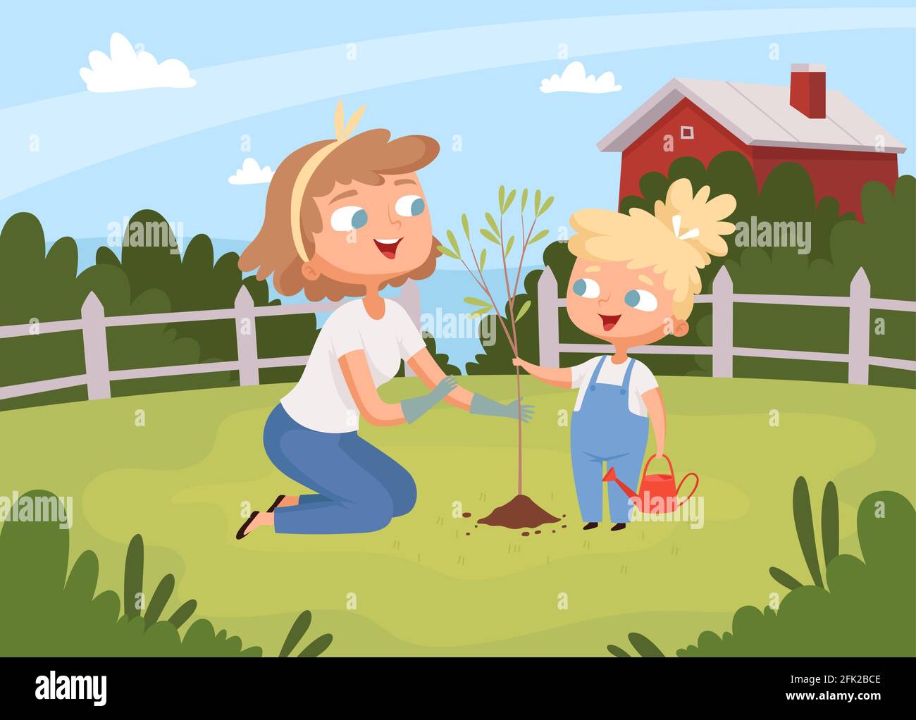 Adults help planting. Kids with parents planting tree eco environment background gardening education vector Stock Vector