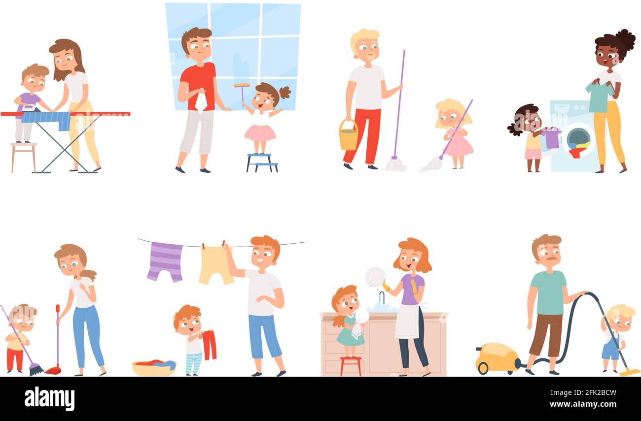 Children housework. Cleaning room washing appliance boys and girls helping parents vector cartoon people Stock Vector