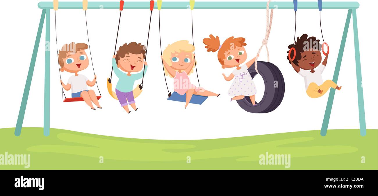 Kids swing. Children funny games rides on car tears rope fitness activities vector characters Stock Vector