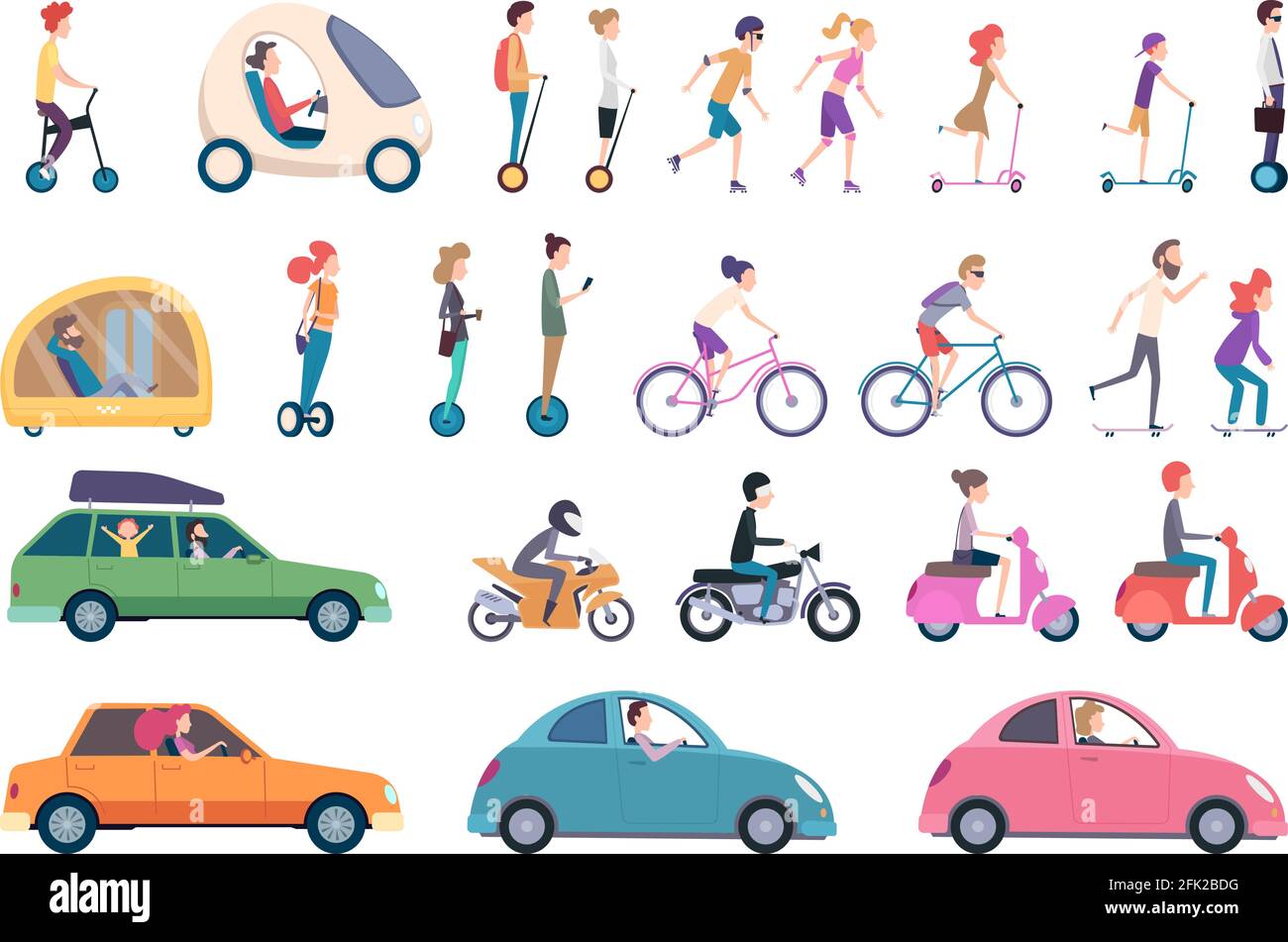 City transport. People driving cars scooter bike hoverboard segway urban activity people lifestyle vector set Stock Vector