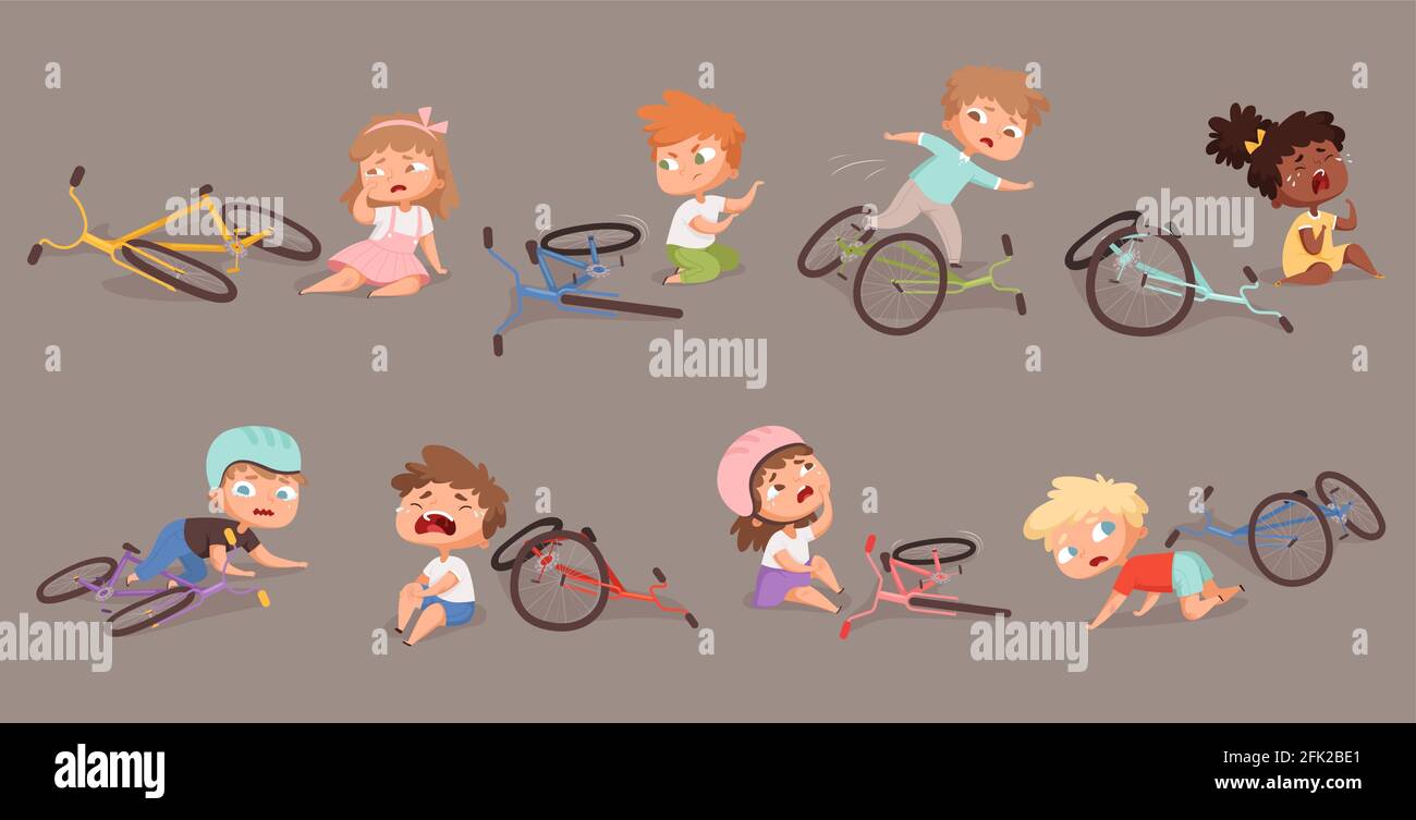 Broken bicycle. Kids fallen from bike unhappy childrens vector accidents illustrations Stock Vector