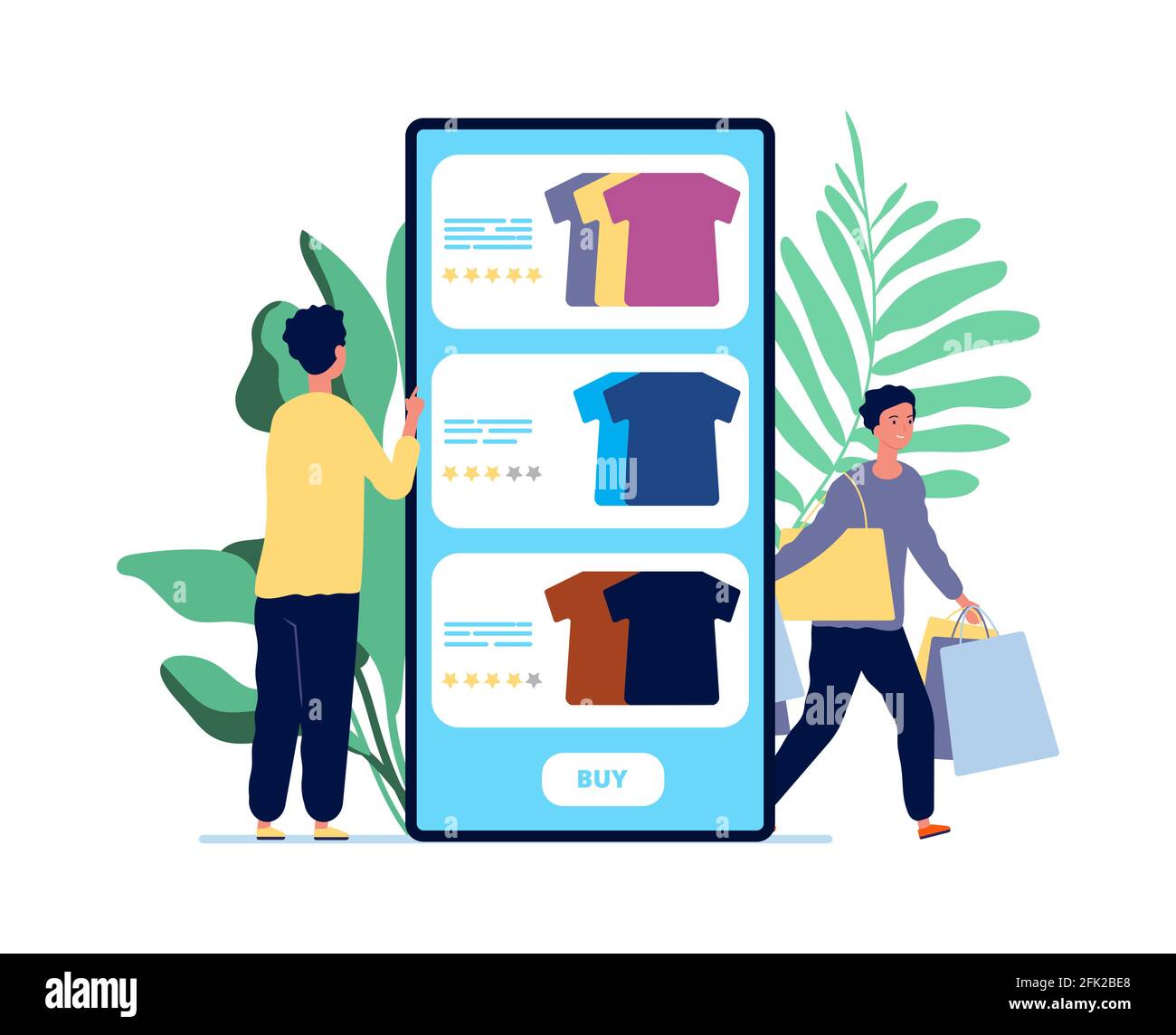 Online shopping. Guy chooses clothes. Product reviews and happy